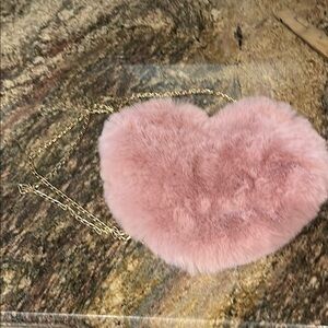 Pink Heart-Shaped Fur Bag purse with gold chain